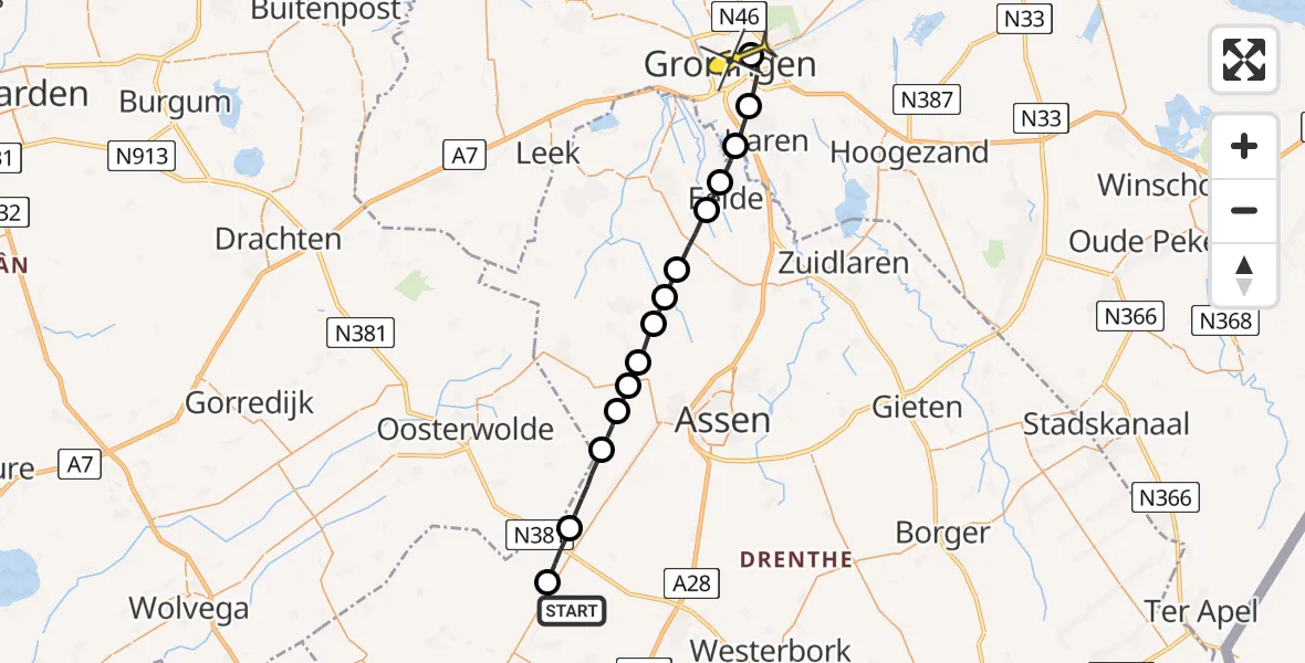 Routekaart van de vlucht: Lifeliner 4 naar Universitair Medisch Centrum Groningen