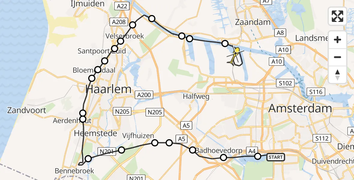 Routekaart van de vlucht: Lifeliner 1 naar Amsterdam Heliport
