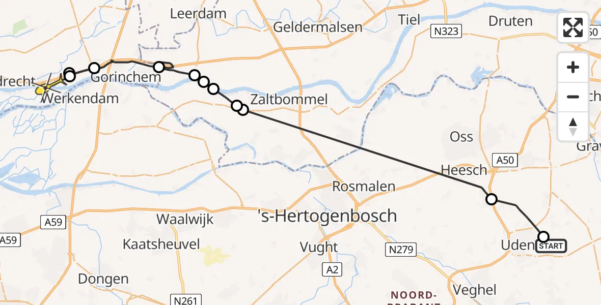 Routekaart van de vlucht: Politieheli naar Hardinxveld-Giessendam