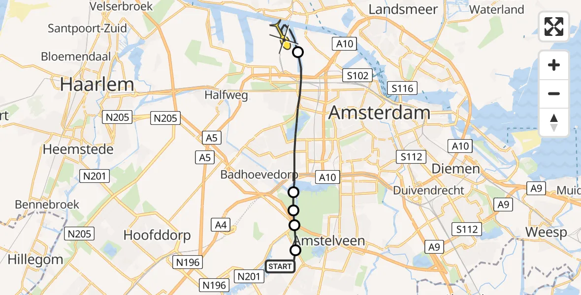 Routekaart van de vlucht: Lifeliner 1 naar Amsterdam Heliport