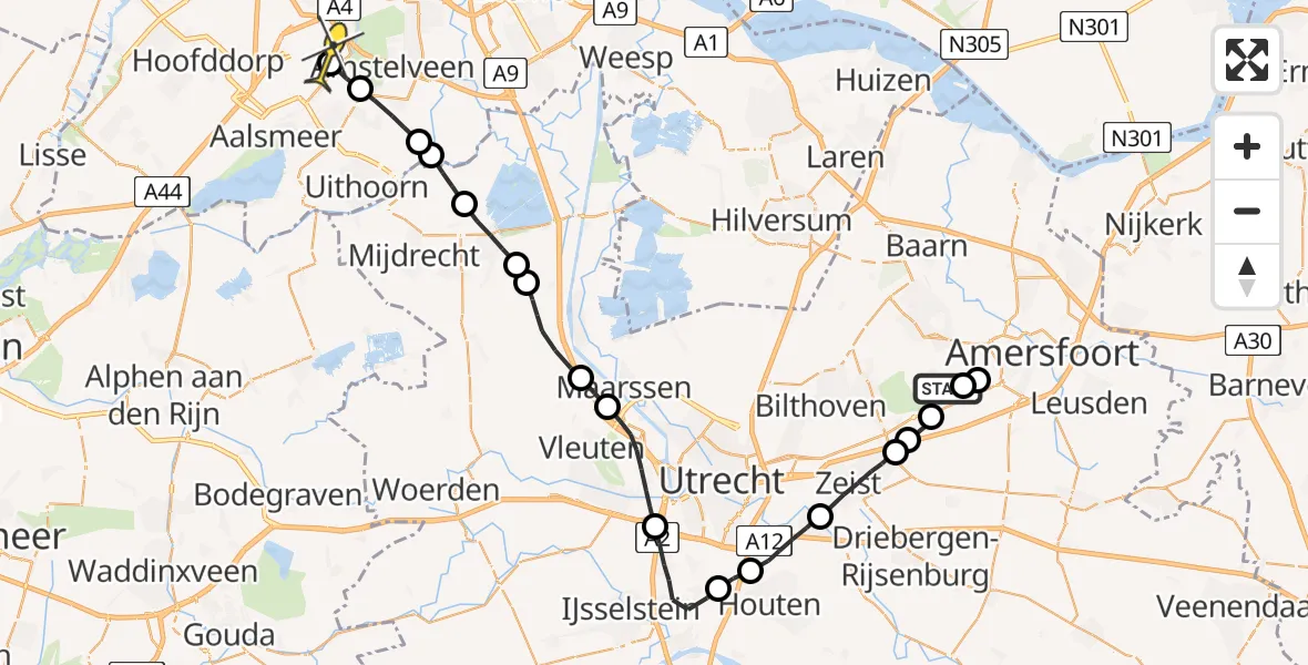 Routekaart van de vlucht: Politieheli naar Schiphol