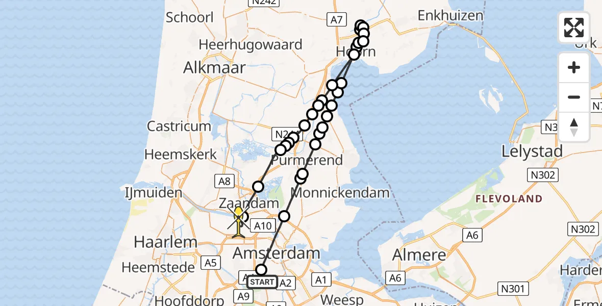 Routekaart van de vlucht: Lifeliner 1 naar Amsterdam Heliport