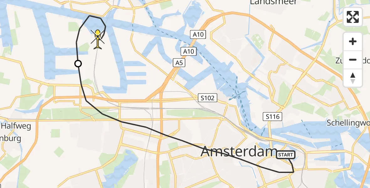 Routekaart van de vlucht: Lifeliner 1 naar Amsterdam Heliport