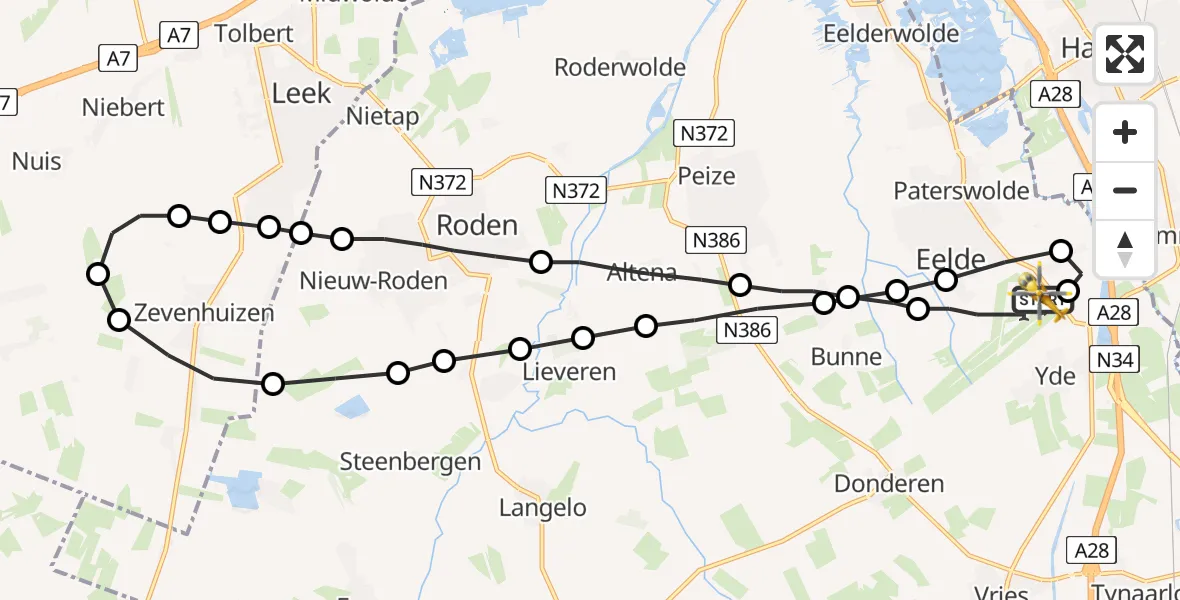 Vluchtroute Traumahelikopter Groningen Airport Eelde - Groningen Airport Eelde, 21 mei 2022, 00:22