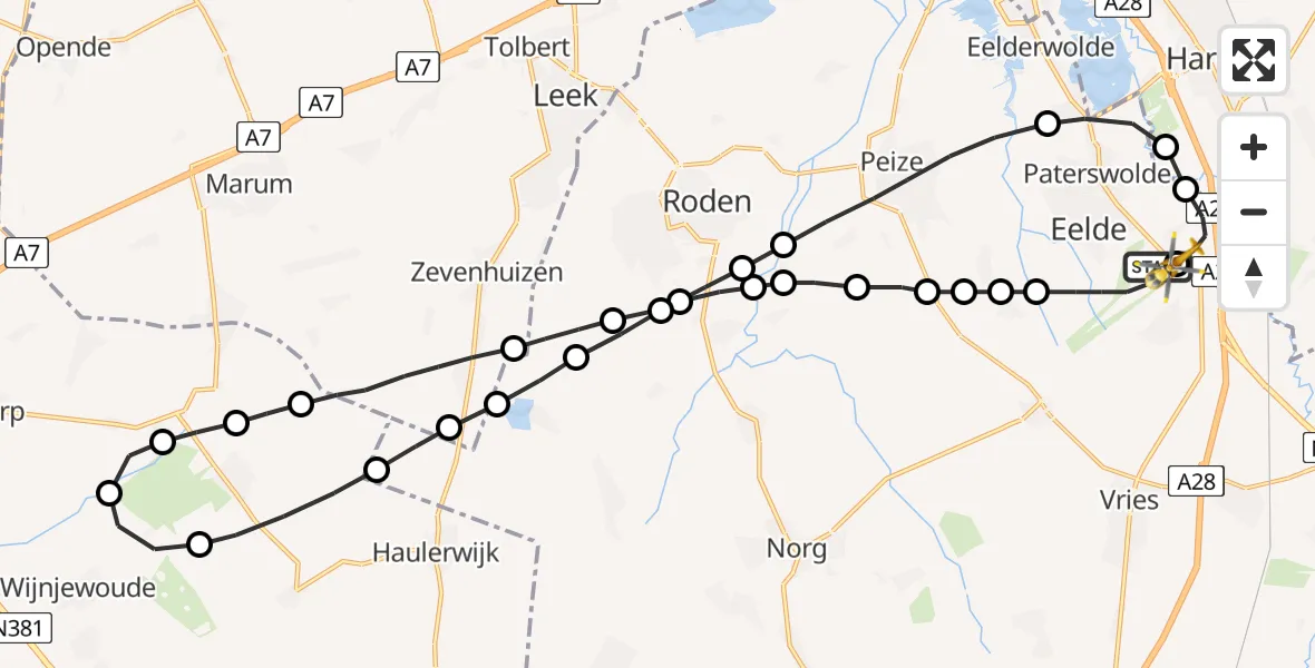 Vluchtroute Traumahelikopter Groningen Airport Eelde - Groningen Airport Eelde, 21 mei 2022, 06:53