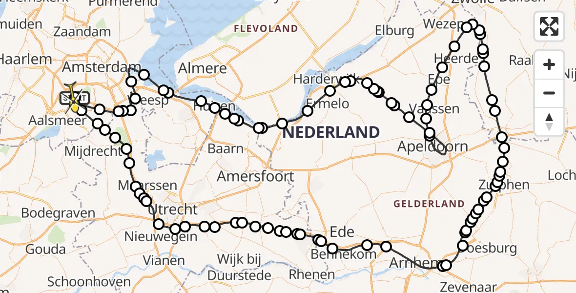 Routekaart van de vlucht: Politieheli naar Schiphol