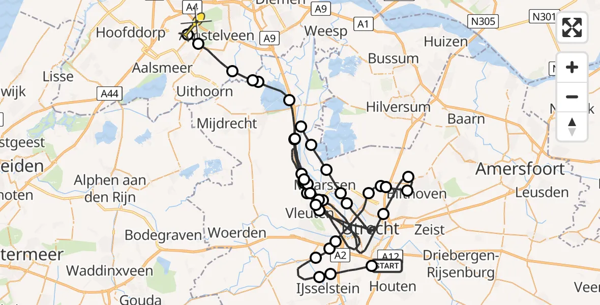 Routekaart van de vlucht: Politieheli naar Schiphol