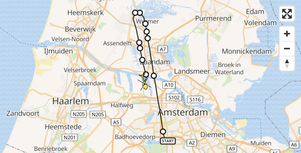 Routekaart van de vlucht: Lifeliner 1 naar Amsterdam Heliport