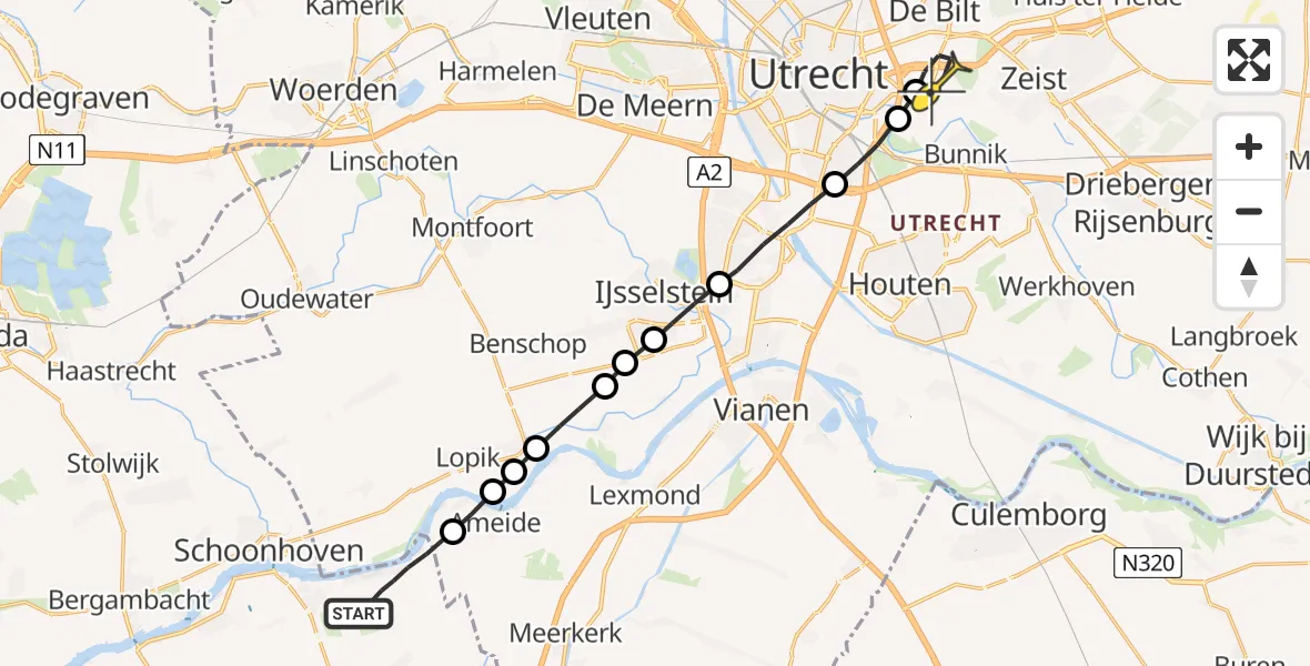 Routekaart van de vlucht: Lifeliner 2 naar Universitair Medisch Centrum Utrecht