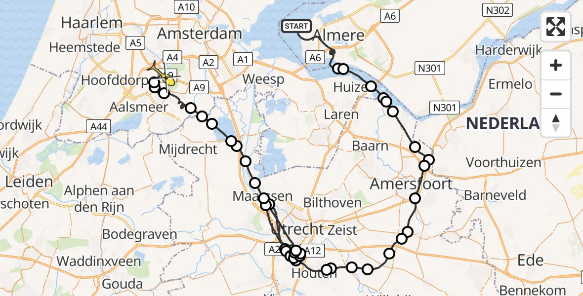 Routekaart van de vlucht: Politieheli naar Schiphol