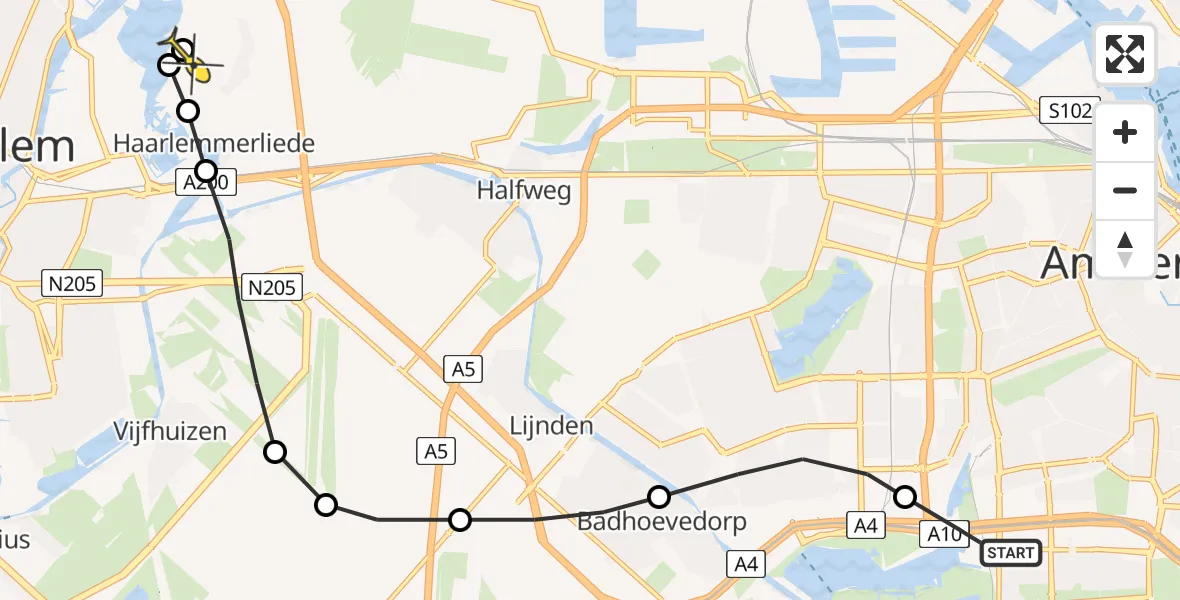 Routekaart van de vlucht: Lifeliner 1 naar Spaarndam