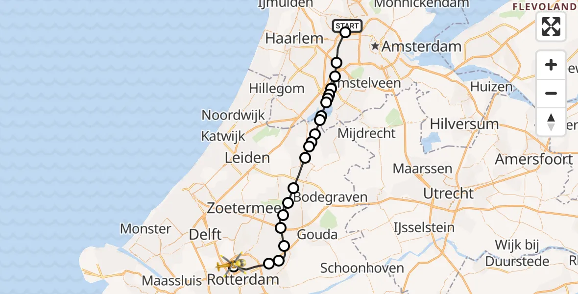 Vluchtroute Traumahelikopter Amsterdam Heliport - Rotterdam The Hague Airport, 22 mei 2022, 12:13