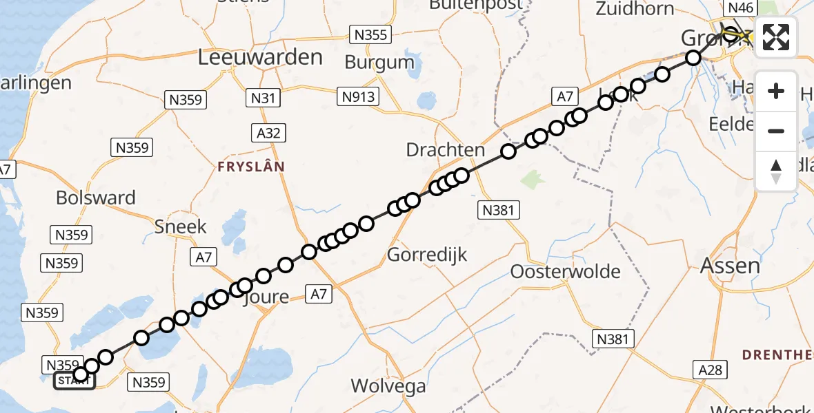 Routekaart van de vlucht: Lifeliner 4 naar Universitair Medisch Centrum Groningen