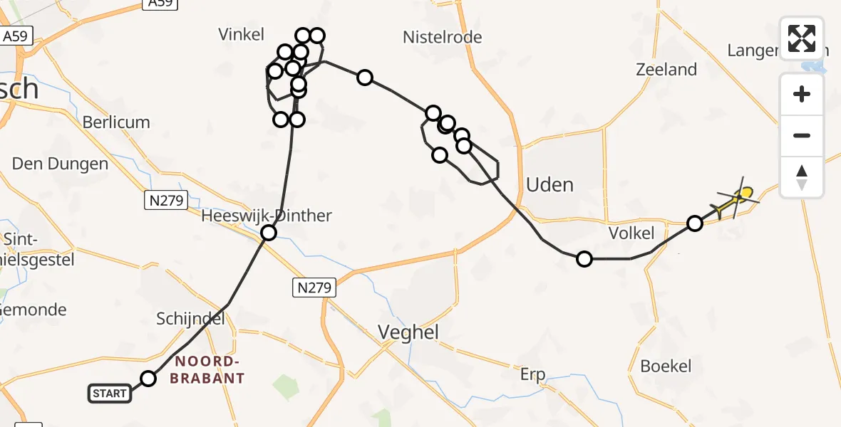 Routekaart van de vlucht: Politiehelikopter naar Vliegbasis Volkel
