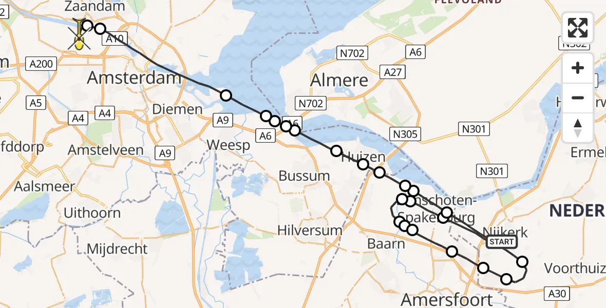 Routekaart van de vlucht: Lifeliner 1 naar Amsterdam Heliport