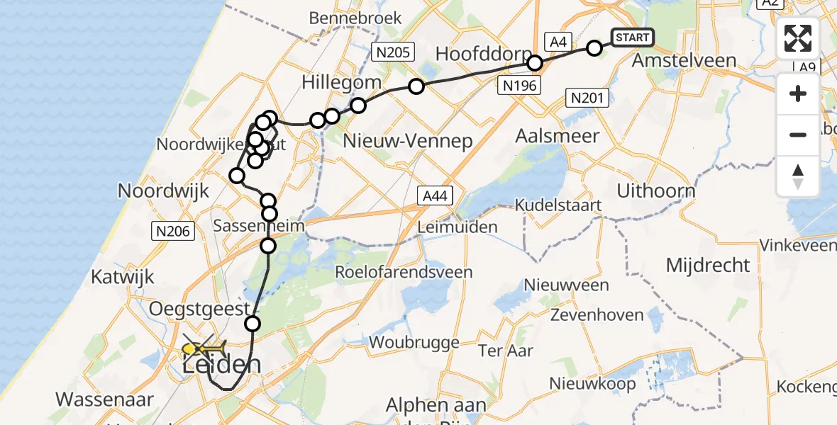 Vluchtroute Politiehelikopter van Schiphol naar Leiden