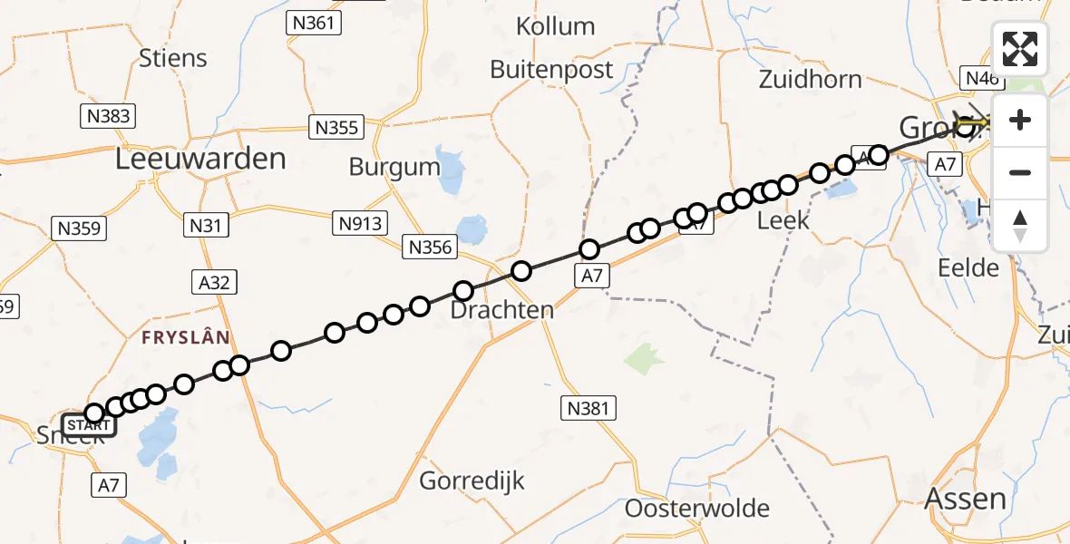 Routekaart van de vlucht: Lifeliner 4 naar Universitair Medisch Centrum Groningen