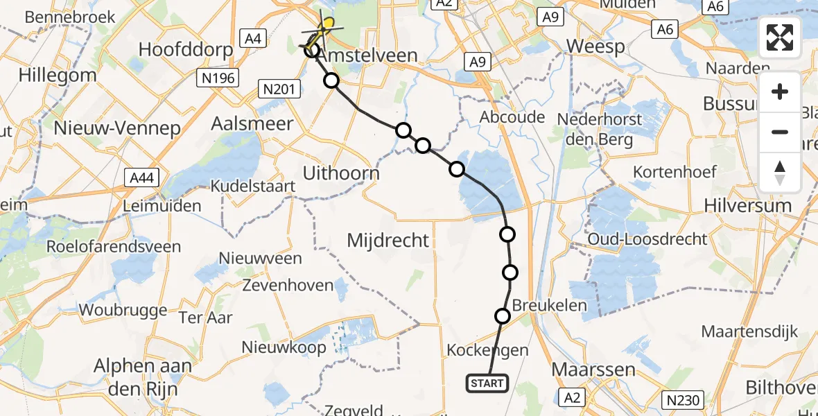 Routekaart van de vlucht: Politieheli naar Schiphol