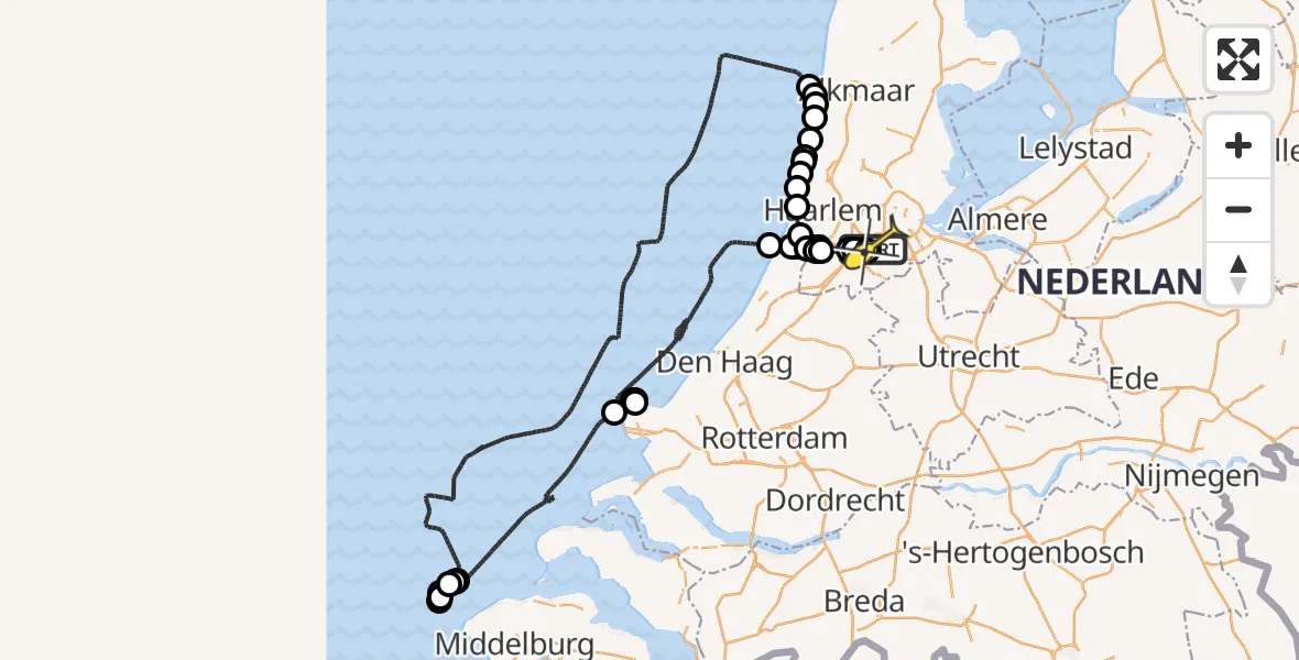 Routekaart van de vlucht: Politieheli naar Schiphol