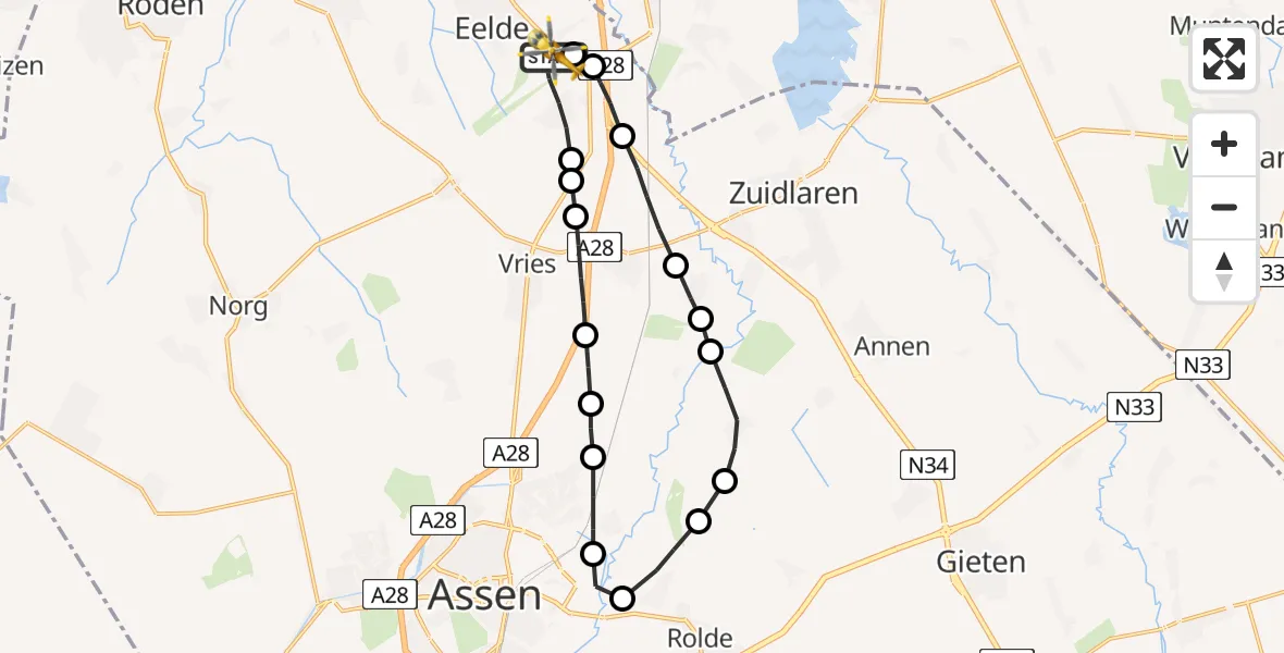Vluchtroute Traumahelikopter Groningen Airport Eelde - Groningen Airport Eelde, 24 mei 2022, 03:37
