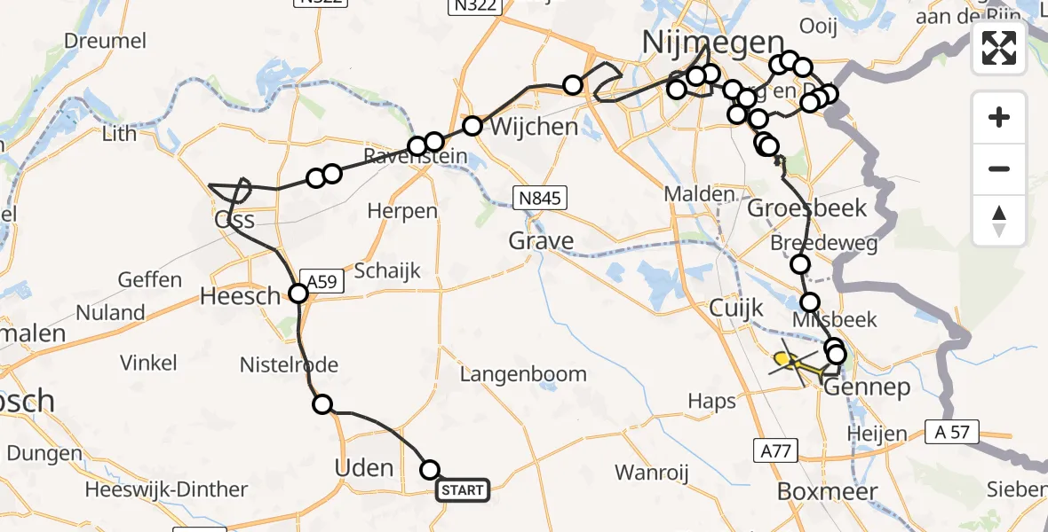 Routekaart van de vlucht: Politieheli naar Oeffelt