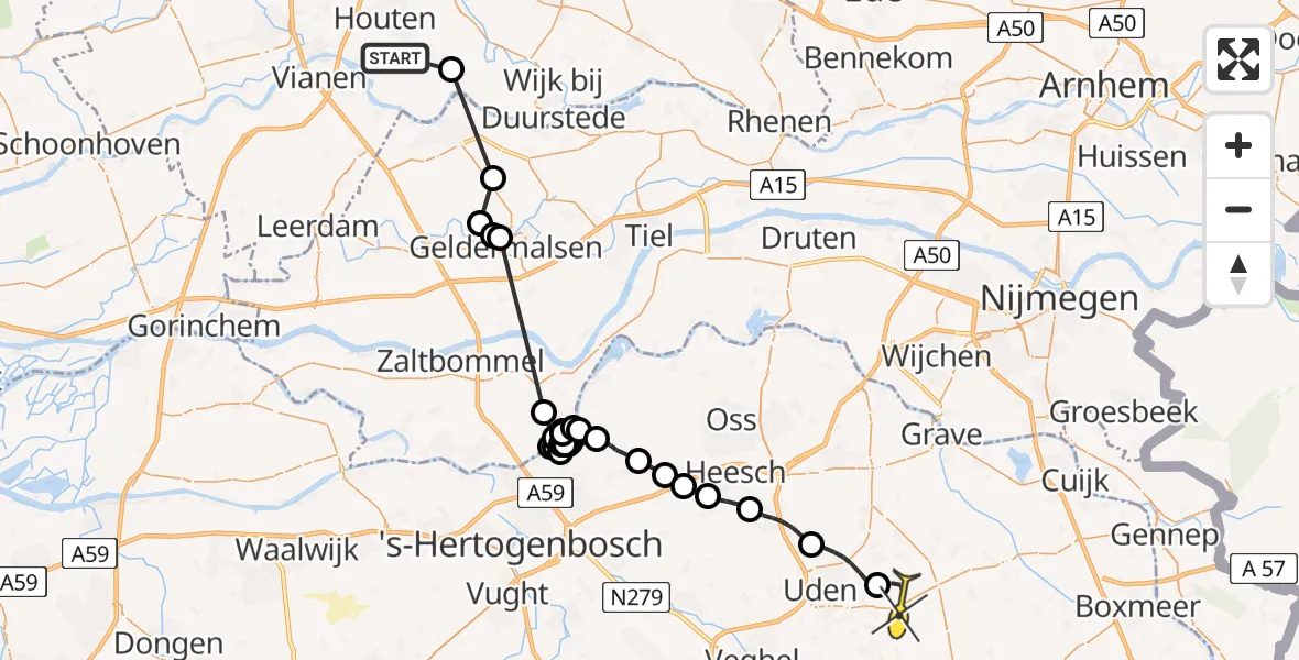 Routekaart van de vlucht: Politieheli naar Vliegbasis Volkel