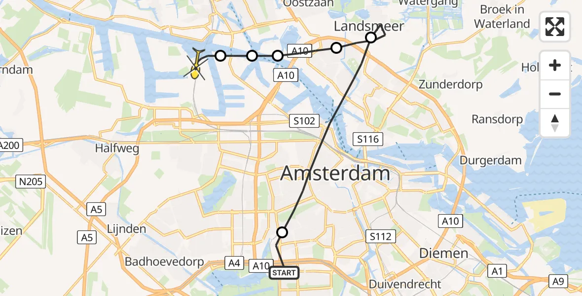 Routekaart van de vlucht: Lifeliner 1 naar Amsterdam Heliport