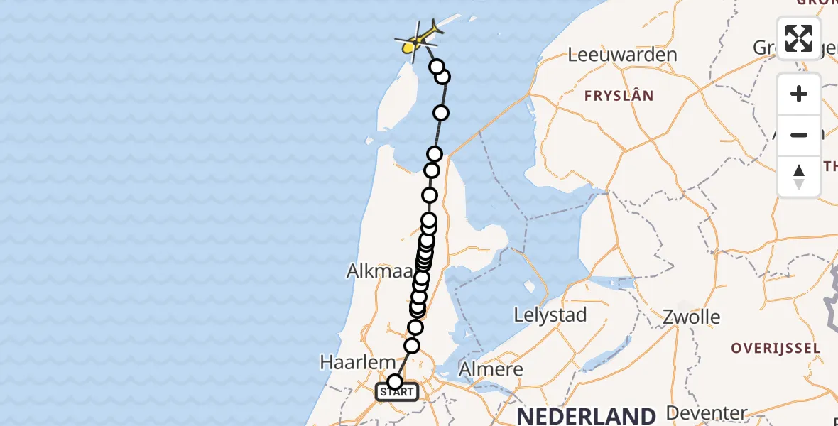 Routekaart van de vlucht: Politiehelikopter naar Vlieland