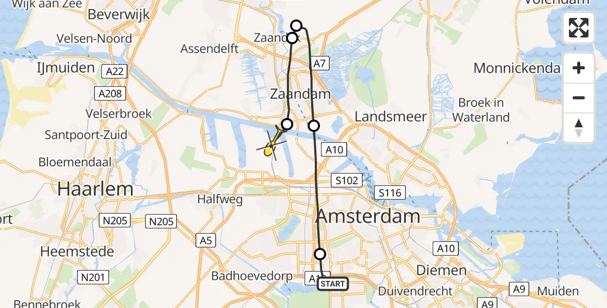Routekaart van de vlucht: Lifeliner 1 naar Amsterdam Heliport