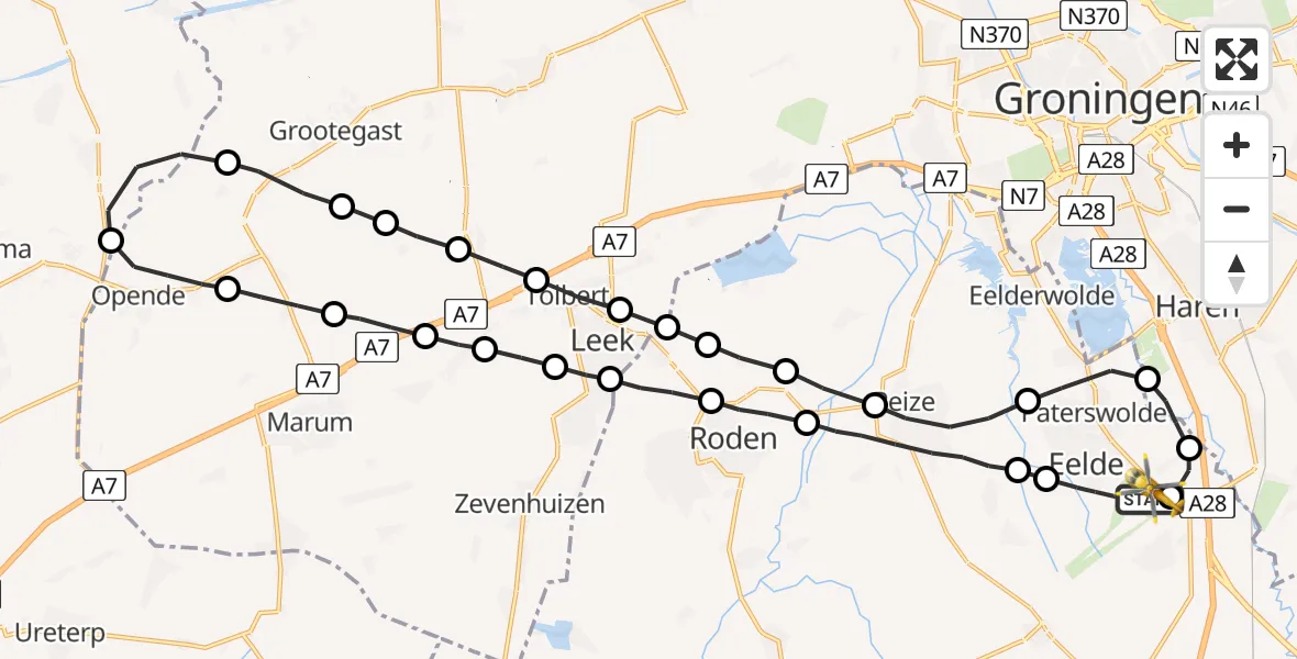 Vluchtroute Traumahelikopter Groningen Airport Eelde - Groningen Airport Eelde, 25 mei 2022, 15:06