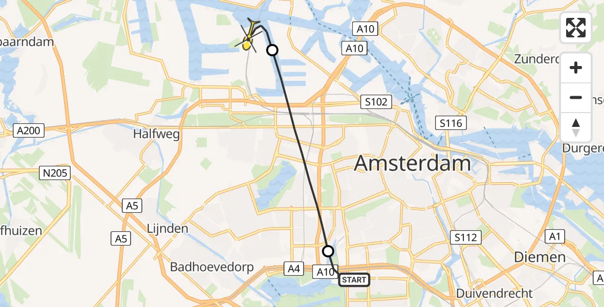 Routekaart van de vlucht: Lifeliner 1 naar Amsterdam Heliport
