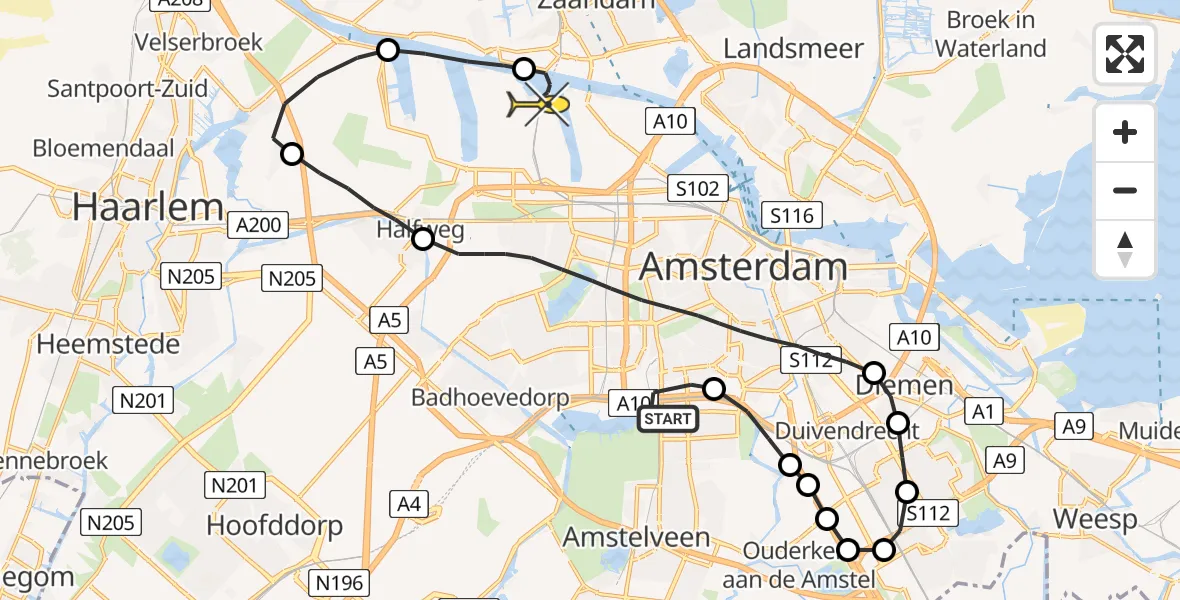 Routekaart van de vlucht: Lifeliner 1 naar Amsterdam Heliport