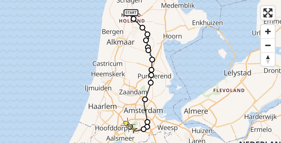 Routekaart van de vlucht: Politieheli naar Schiphol