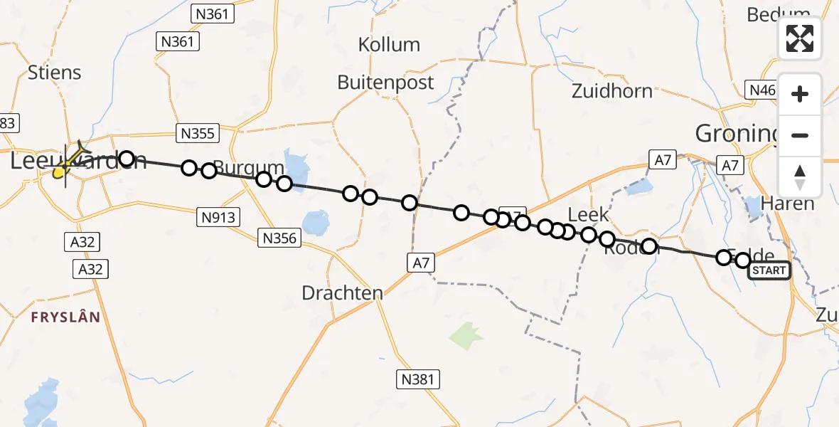 Routekaart van de vlucht: Lifeliner 4 naar Leeuwarden