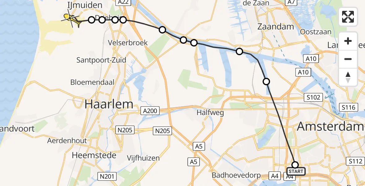 Routekaart van de vlucht: Lifeliner 1 naar IJmuiden