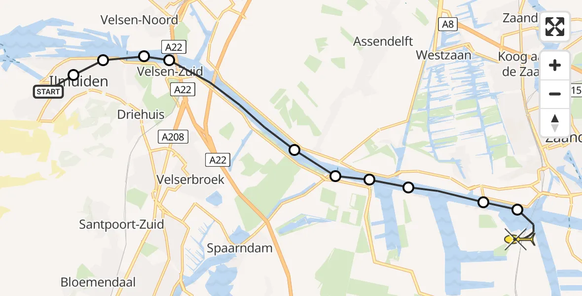 Routekaart van de vlucht: Lifeliner 1 naar Amsterdam Heliport