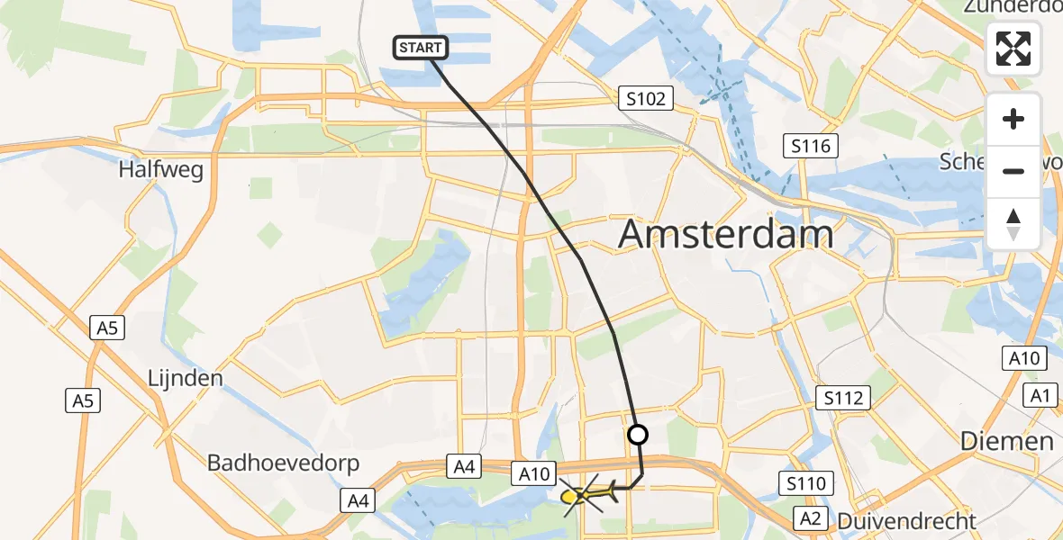 Routekaart van de vlucht: Lifeliner 1 naar VU Medisch Centrum Amsterdam