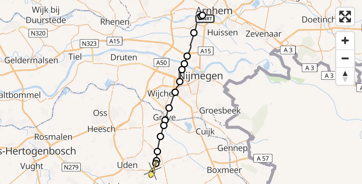 Routekaart van de vlucht: Politieheli naar Vliegbasis Volkel