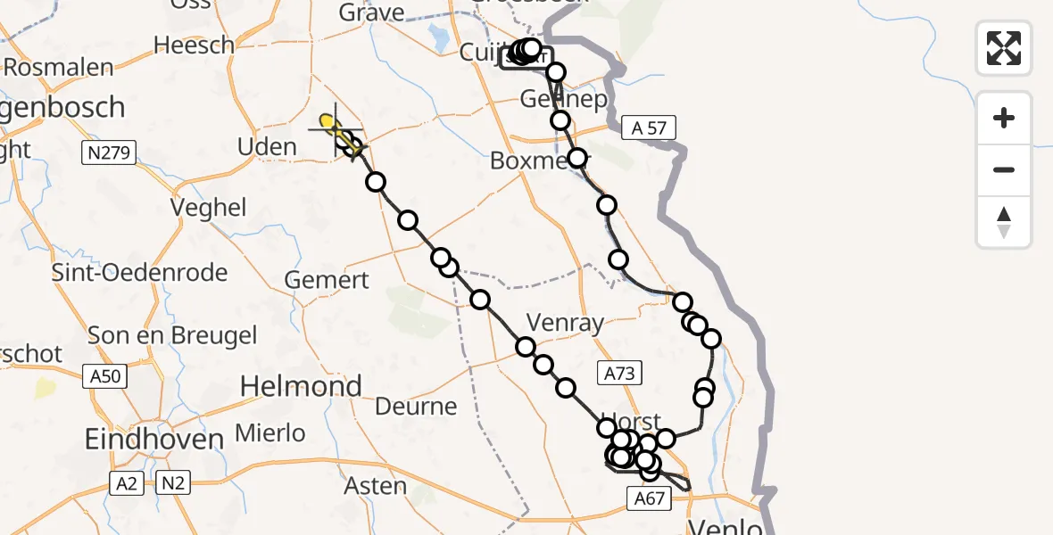 Routekaart van de vlucht: Politiehelikopter naar Vliegbasis Volkel