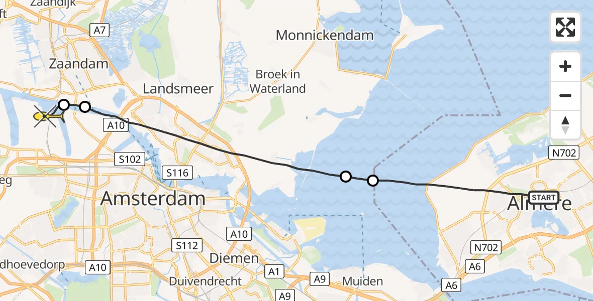 Routekaart van de vlucht: Lifeliner 1 naar Amsterdam Heliport