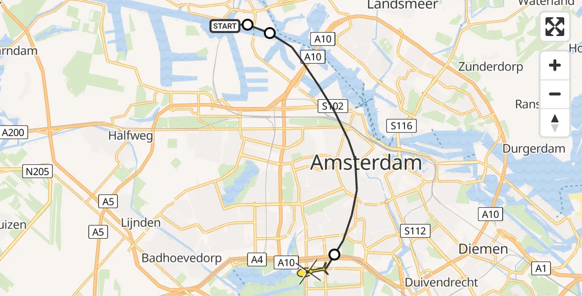 Routekaart van de vlucht: Lifeliner 1 naar VU Medisch Centrum Amsterdam