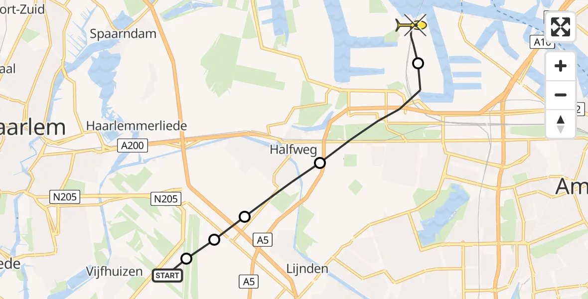 Routekaart van de vlucht: Lifeliner 1 naar Amsterdam Heliport