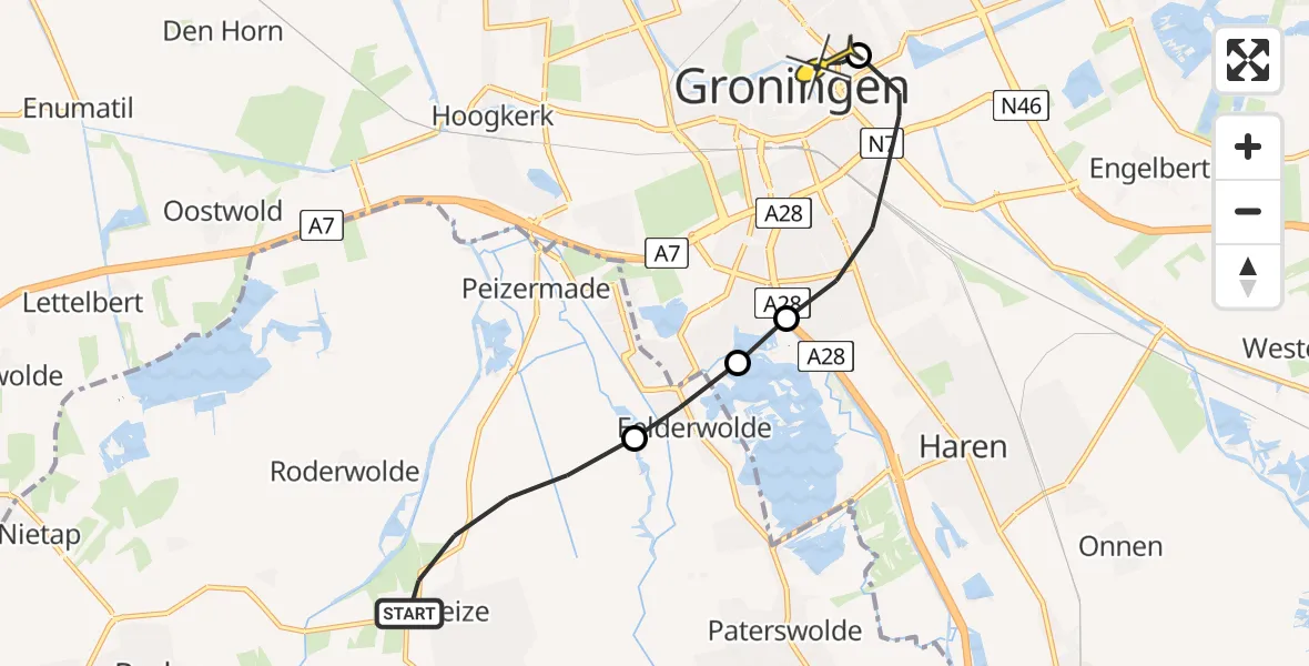 Routekaart van de vlucht: Lifeliner 4 naar Universitair Medisch Centrum Groningen