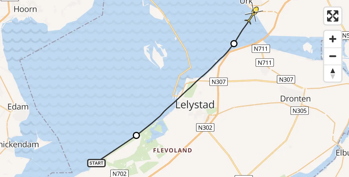 Routekaart van de vlucht: Politiehelikopter naar Urk