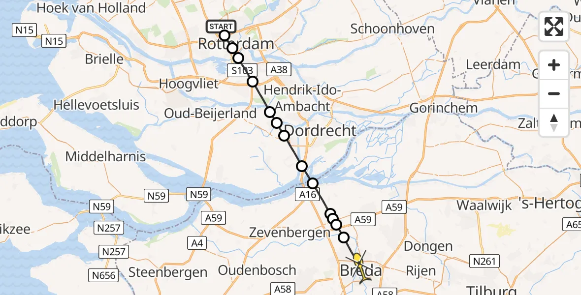 Routekaart van de vlucht: Lifeliner 2 naar Breda