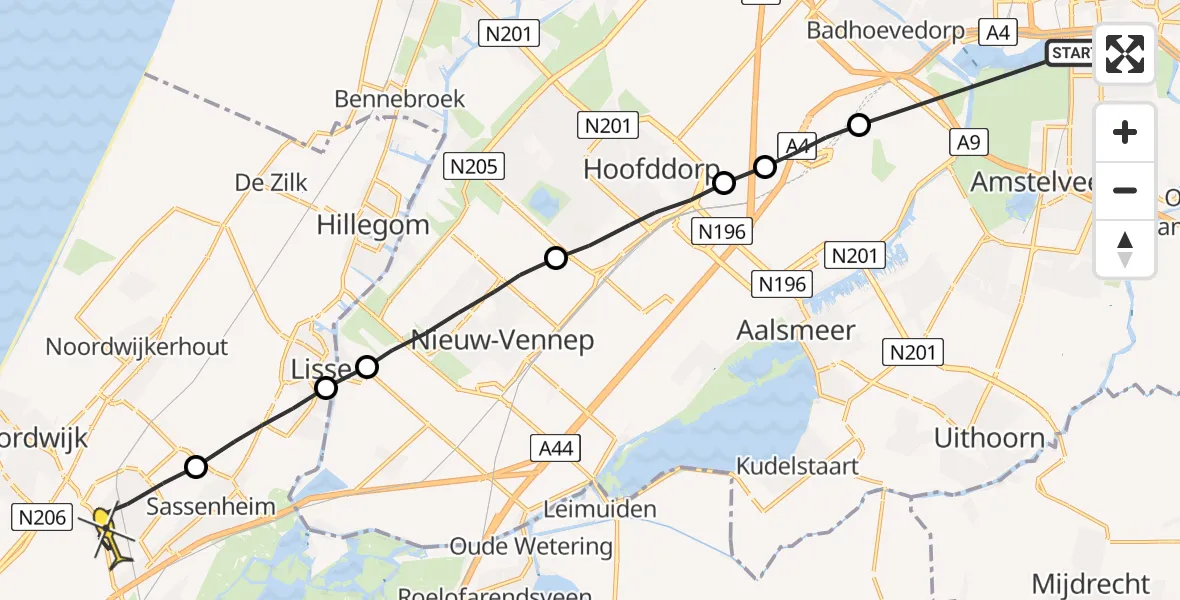 Routekaart van de vlucht: Lifeliner 1 naar Voorhout