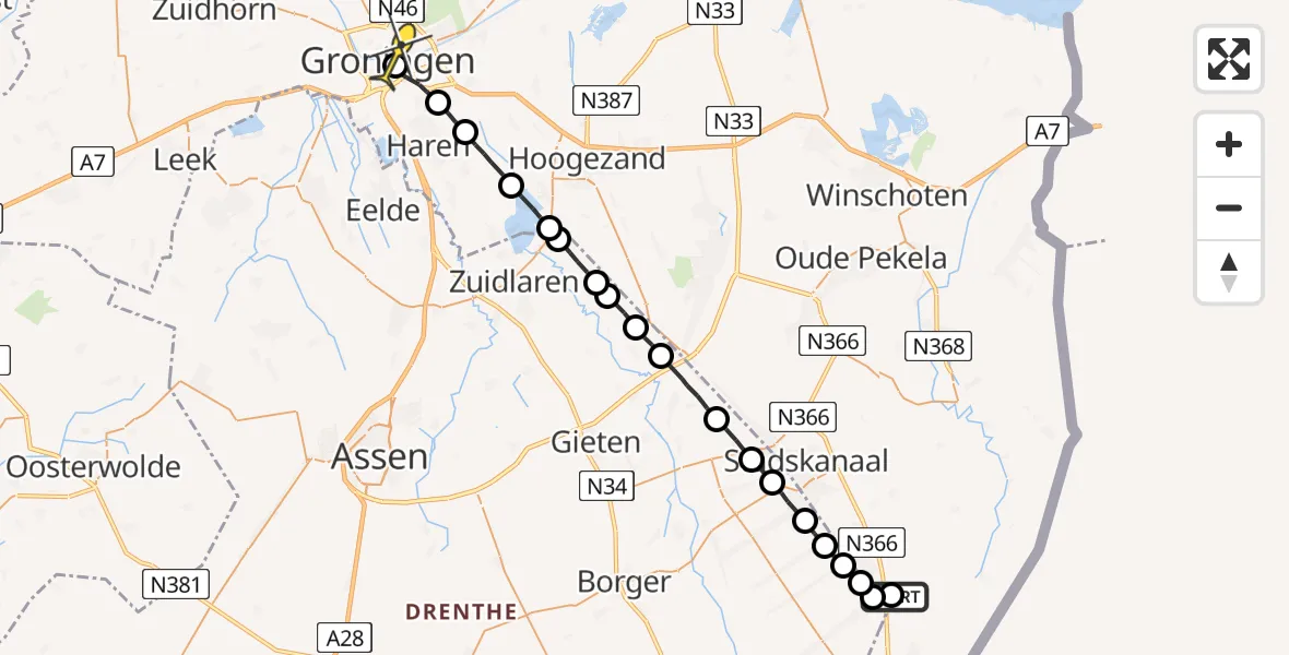 Routekaart van de vlucht: Lifeliner 4 naar Universitair Medisch Centrum Groningen