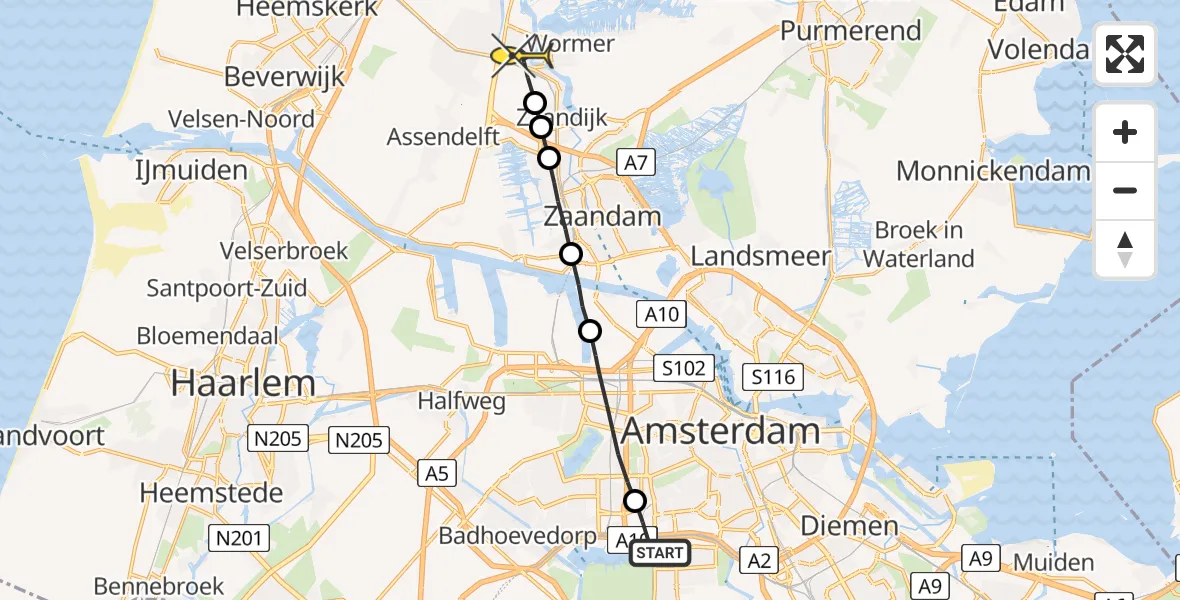 Routekaart van de vlucht: Lifeliner 1 naar Wormerveer