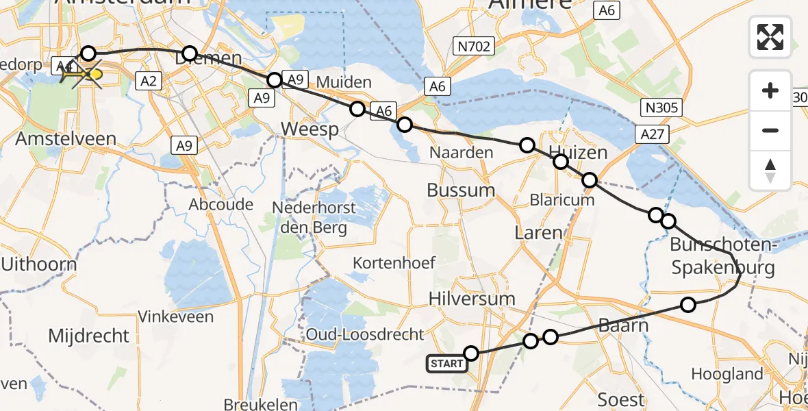 Routekaart van de vlucht: Lifeliner 1 naar VU Medisch Centrum Amsterdam