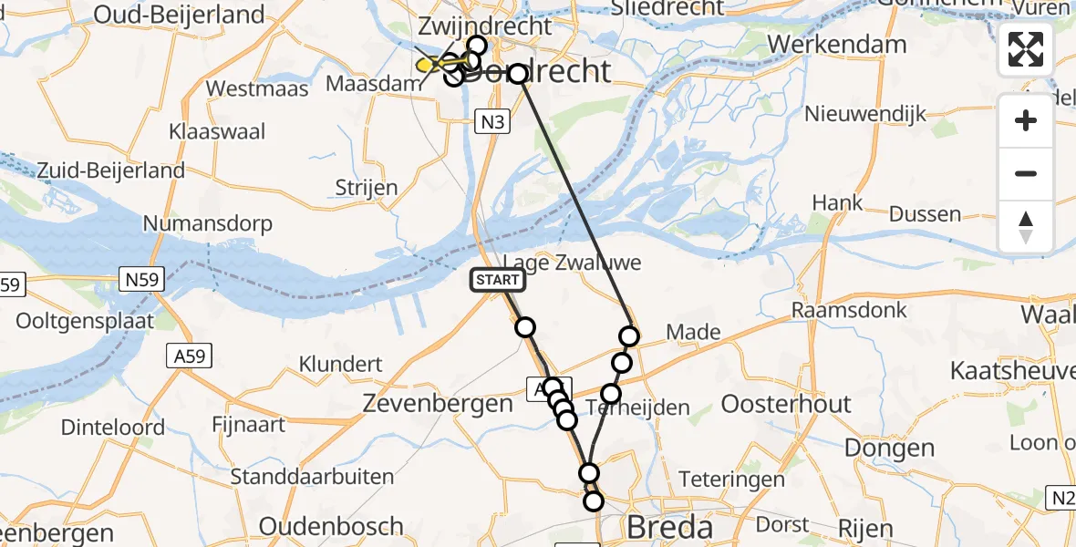 Routekaart van de vlucht: Politieheli naar 's-Gravendeel